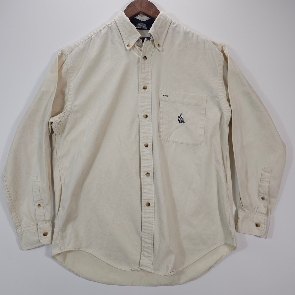 Nautica Button Down Shirt Mens Medium Cream Heavyweight Cotton Vintage Workwear